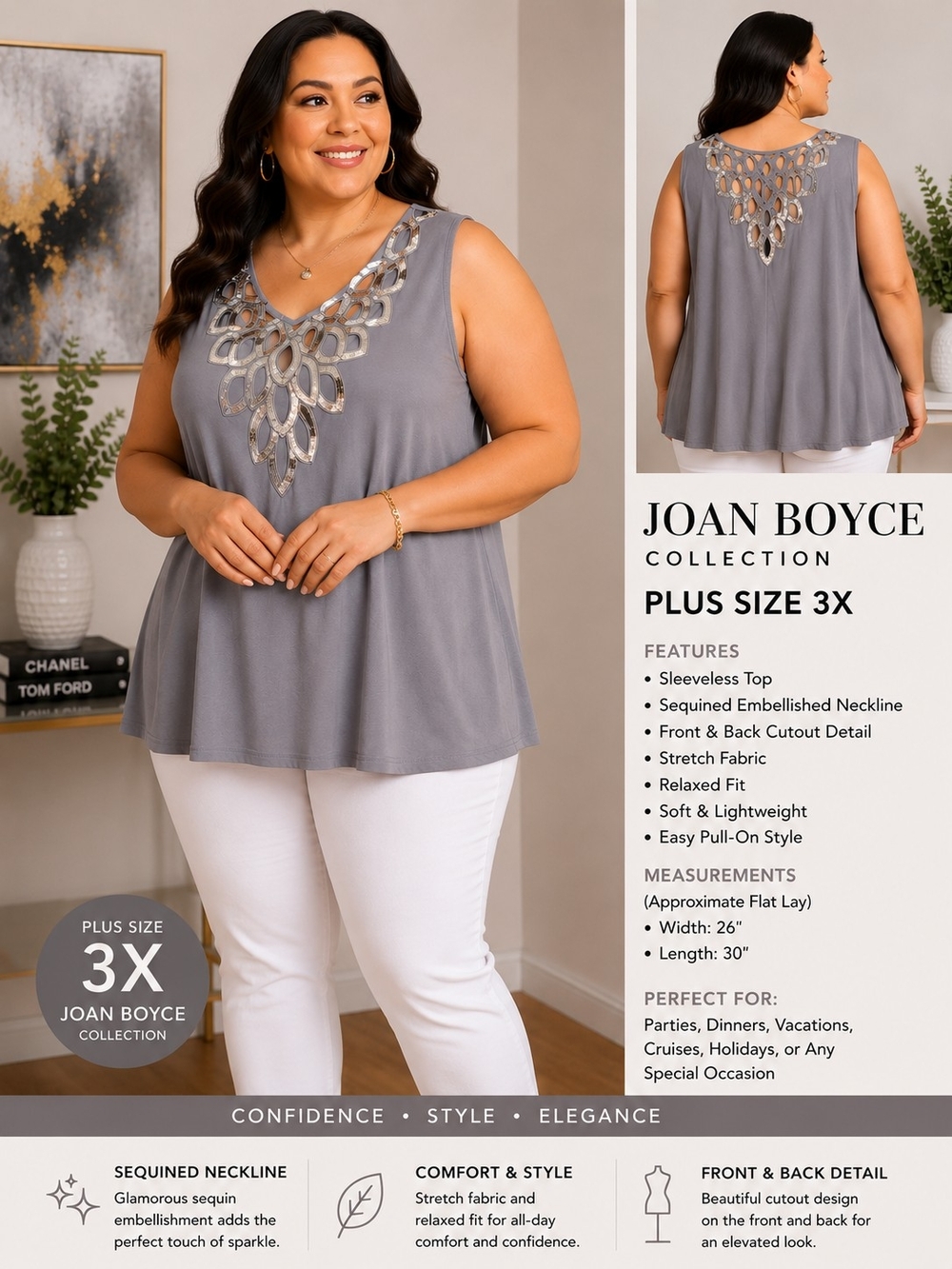 Joan Boyce Plus Size 3X Gray Sleeveless Top with Sequined Embellished Neckline